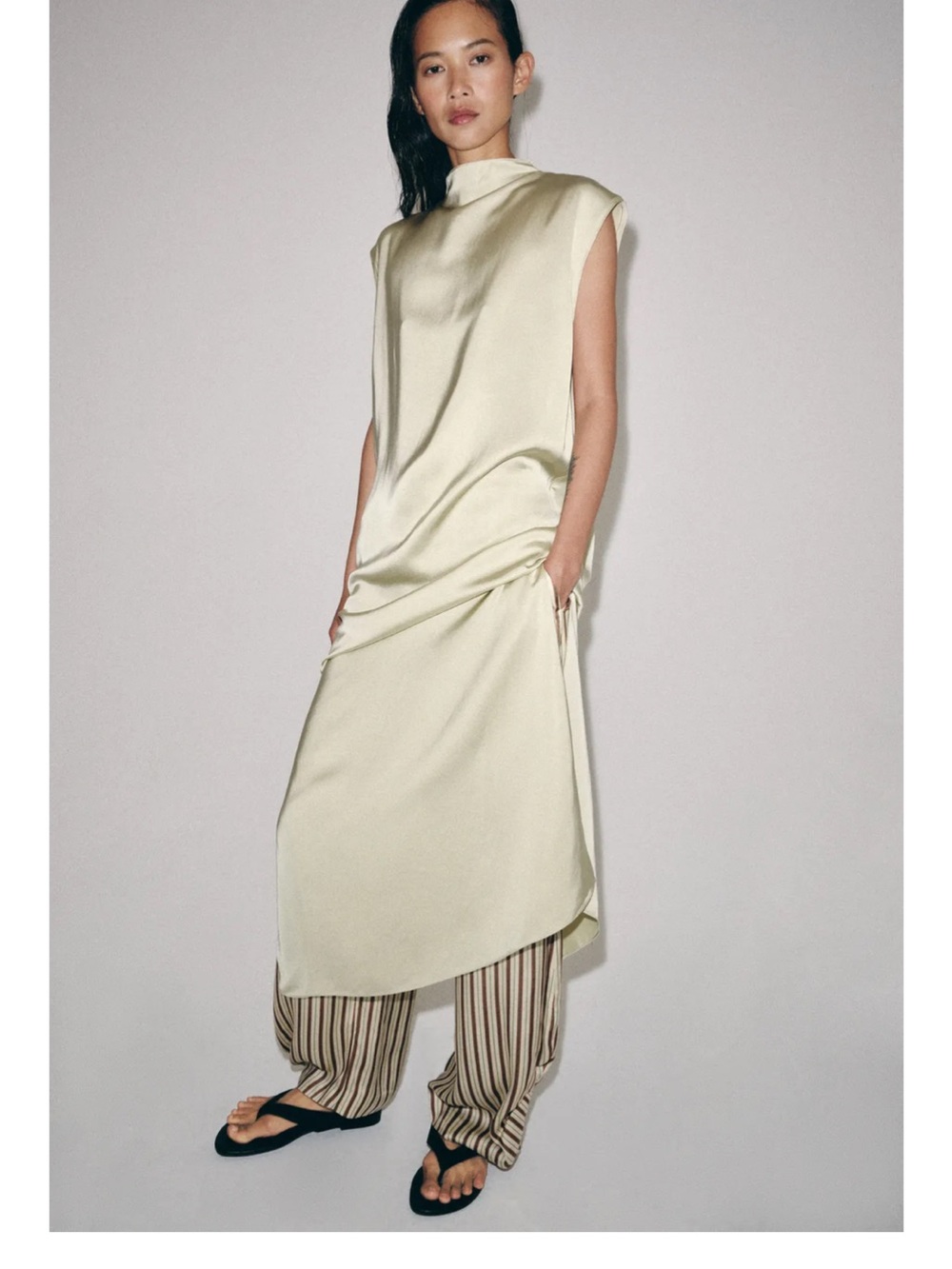 Satin Effect Frog Fastening Midi Dress in Cream